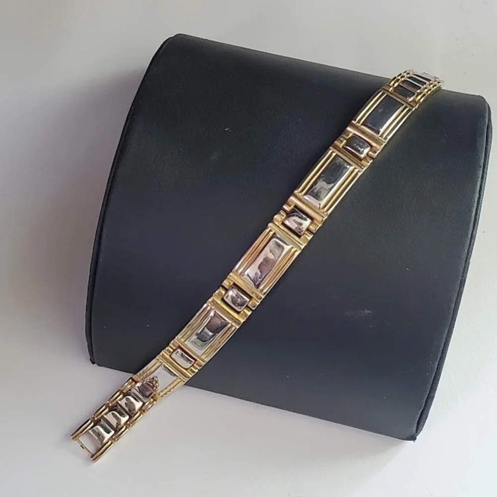 Gold Tone Two-Tone Link Bracelet Silver Inlay Magnetic Therapy Style 7.5